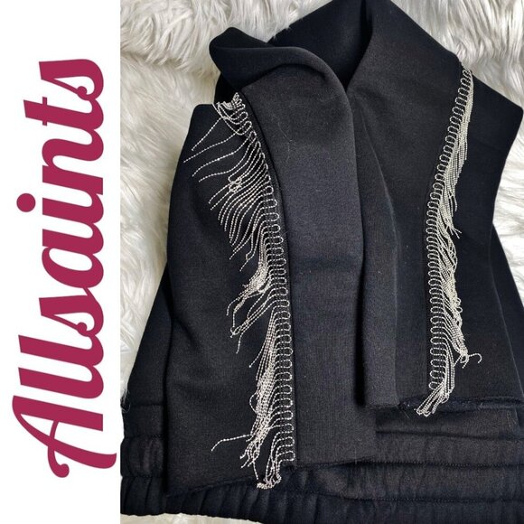 ALLSAINTS GISELLE CHAIN FRINGE TRIM BLACK SWEATPANTS, SIZE SMALL - Picture 10 of 16